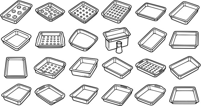 Food Industry Baking  Cooking Kitchen Ovenware Icon Set: Various Sheet Pans, Roasting Trays,  Utensils in Black  White Line Art Outline Style.