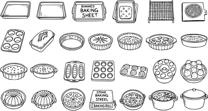Black and White Line Art Collection of Baking Pans, Tins, and Utensils for Food Preparation