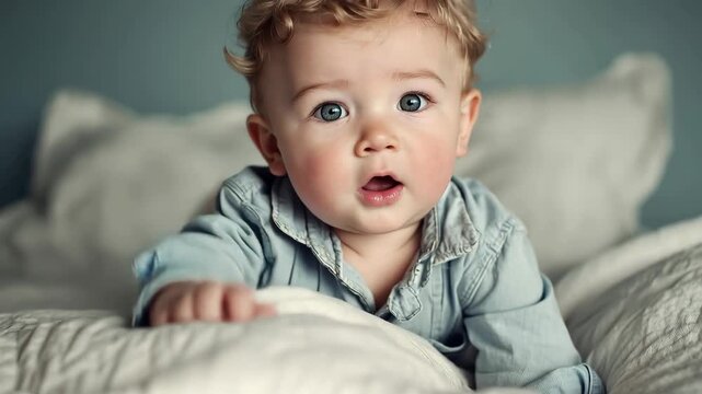 Baby boy happily crawling on soft bed with white bedding and light blue wall in background during soft daylight hours in a cozy indoor setting