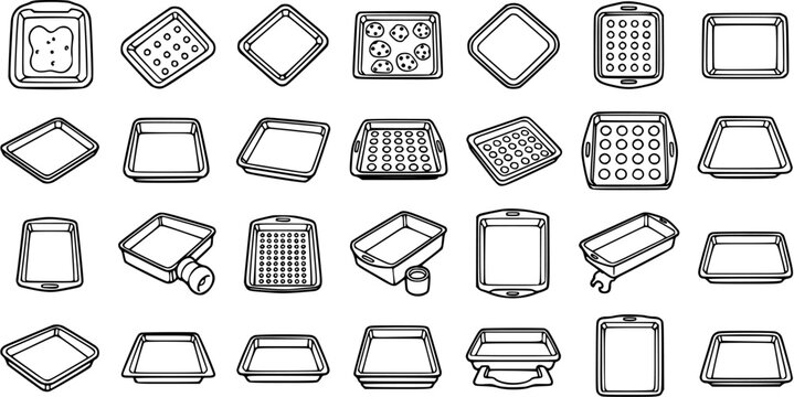 Black and White Line Art Collection of Various Baking Pans and Trays