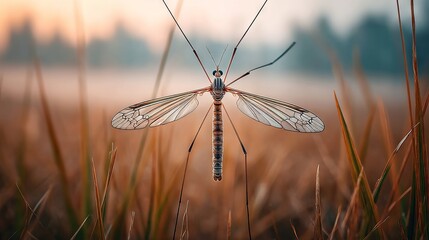 Obraz premium Crane Fly Resting on Tall Grass at Dawn with Soft Morning Light