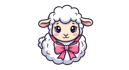 Fototapeta premium Cute cartoon sheep with a pink bow, sweet expression and fluffy wool, adorable style with bright colors on a white background.