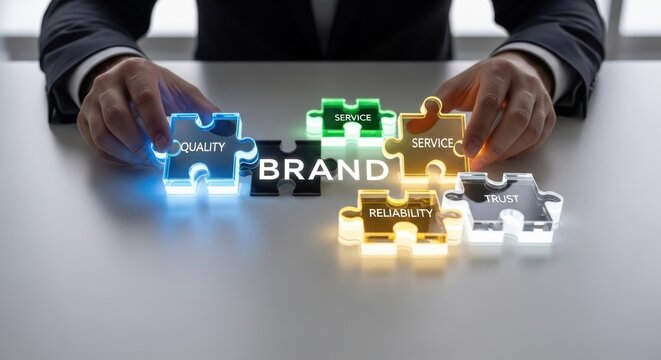 Businessman assembling glowing puzzle pieces with brand quality service reliability trust words, for corporate identity strategy successful build company reputation