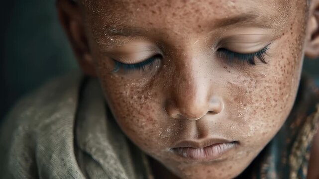 Closeup portrait of a hungry orphan boy with expressive eyes and a solemn expression, showcasing the harsh reality of childhood poverty in a dimly lit environment