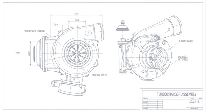 Turbocharger Assembly Blueprint - Engineering Drawing, Technical Illustration