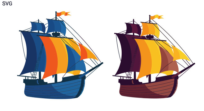 Vintage Sailing Ships with Colorful Sails, Nautical Illustration