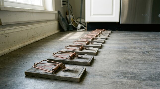 Row of mouse traps set on the floor near a window.