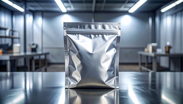 A shiny silver foil pouch sits on a stainless steel surface in an industrial kitchen with tables and equipment.
