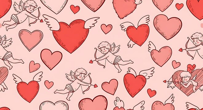 Valentines day hearts and cupids pattern illustration for romance and love