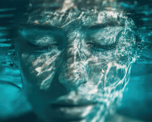Fototapeta premium Serene underwater portrait captures woman face illuminated by light, with gentle water reflections creating tranquil atmosphere. image evokes sense of calm and introspection