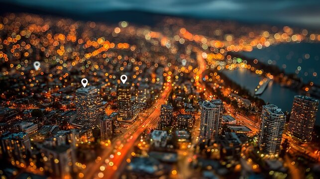 Tilt-Shift Aerial View of Waterfront City at Dusk, Featuring Bokeh Lights, Location Pins, Busy Road Traffic and High-Rise Buildings