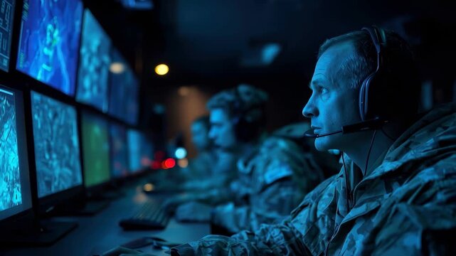 Cybersecurity team operates advanced military communication systems during a critical operation in a secure command center