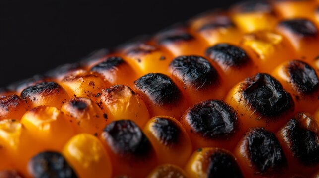Close-up of grilled corn cob with charred kernels showcasing rich colors and textures of roasted food on a dark background, perfect for culinary themes