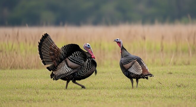 Two wild turkeys on green field with outstretched wings