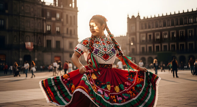 A woman with braided hair dancing in a wide colorful dress during a festive event in a historic location