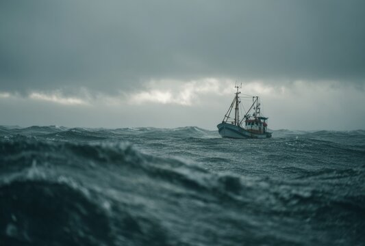 Fisherman?s boat navigating through stormy sea with large waves and dark sky, cinematic view