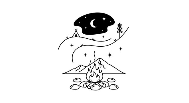Campfire and mountains under night sky minimalist line art icon