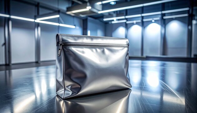 A shiny silver pouch sits on a reflective floor in a modern industrial room with bright lights.
