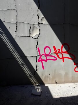 Cracked concrete wall, graffiti, shadow play, desolate space, feeling of being trapped, desolate,  confinement
