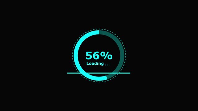 Loading animation progress bar circular 100 percent teal color on black background with loading text circular progress.