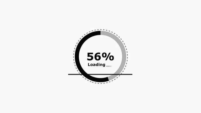 Loading animation progress bar 100 percent circular indicator with dotted line and text on white background for technology and software related projects.