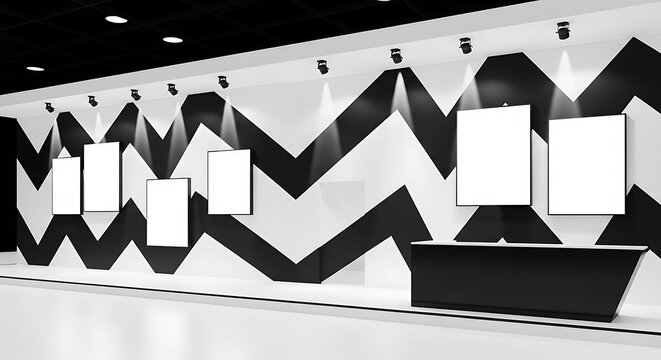 Modern art gallery interior with blank frames and geometric wall design.
