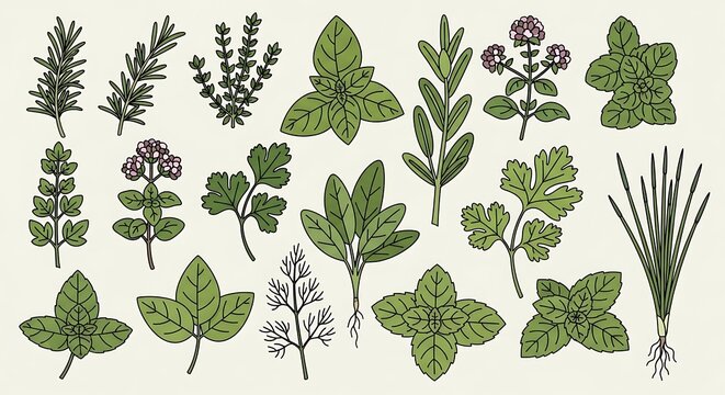 Various culinary herbs illustrated on cream background for food and wellness