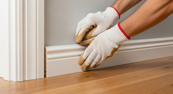 Carpenter installing decorative baseboard molding on a wall with wooden floor and door frame