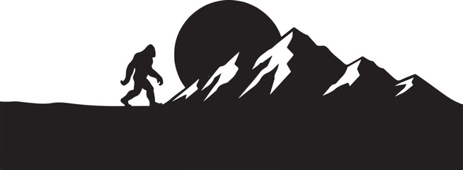 Obraz premium Bigfoot silhouette, mountain range, sunset landscape, vector icon