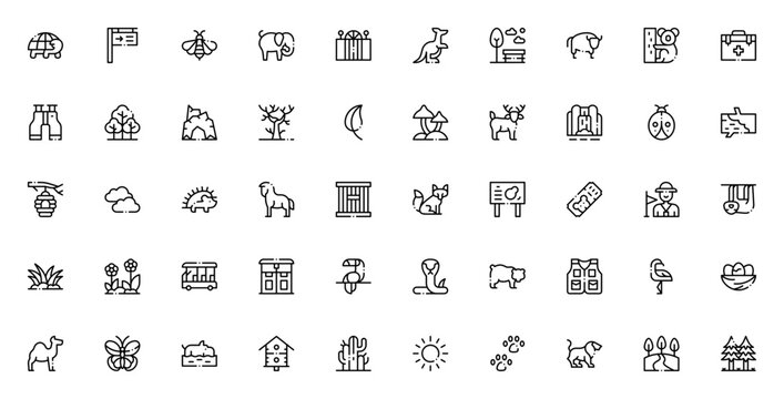 Animals and Nature Park icon set. Vector illustration of turtle, elephant, kangaroo, deer, waterfall, trees, map, ticket and more. Editable stroke icons.
