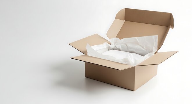 Open cardboard box containing white crumpled packing material inside