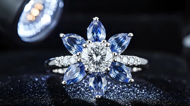 Exquisite FlowerShaped Diamond and Sapphire Ring Sparkling Brilliance.