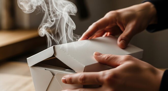 Takeout Box Being Opened by Hands with Steam Rising for Meal Preparation