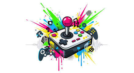 Retro Arcade Joystick and Controllers with Colorful Paint Splatter © Nur