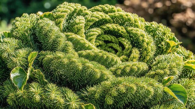 Closeup of green pine needles and a broad leaf in soft sunlight.