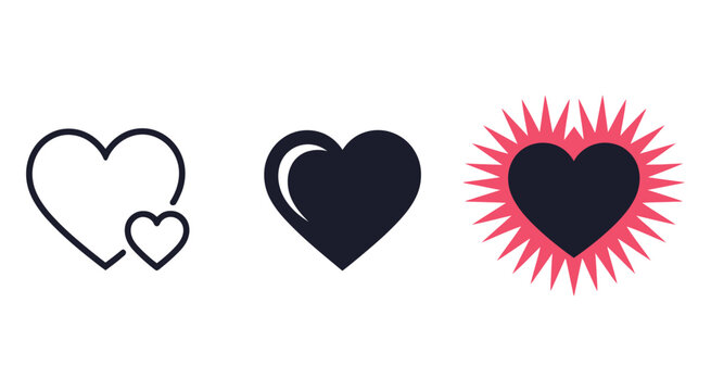 Set of three heart symbols including an outline with a small heart, a solid heart, and a heart with a red burst effect, love and emotion icon collection, modern vector design