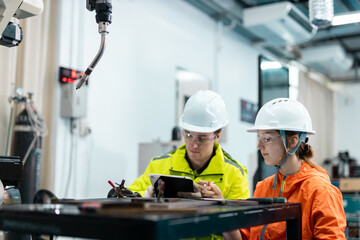 Fototapeta premium engineer and technician working together in factory, using technology to control robot arm. Teamwork in manufacturing industry and automation