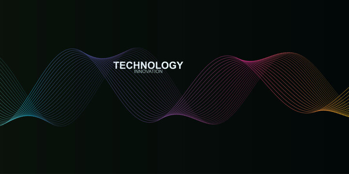Abstract technology innovation wave background, futuristic digital sound frequency lines, colorful gradient flow on dark backdrop vector