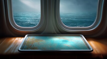 Fototapeta premium Cabin View of Ocean Navigation Chart Displayed on Seat Monitor