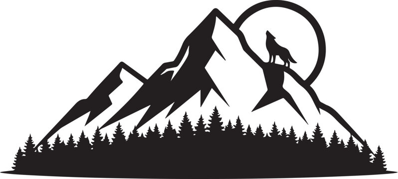Mountain landscape silhouette, wolf howling at moon, pine forest, black vector icon