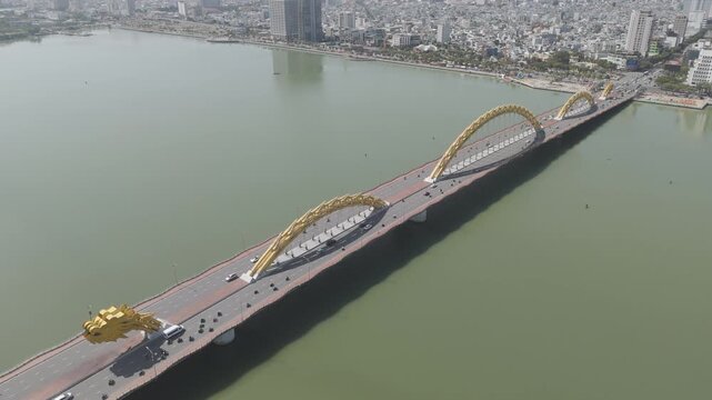 Aerial log video of Dragon Bridge in Da Nang DJI Air3 raw cinematic footage
