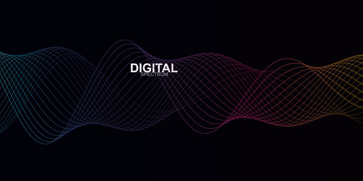 Digital spectrum wave background, abstract sound frequency lines in gradient colors, futuristic electronic signal vector for music and technology