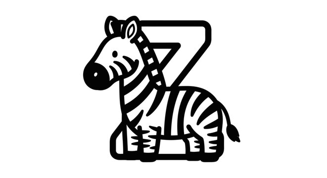 Black and white zebra illustration sitting on a letter Z