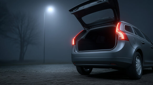 Mysterious Dusk: An enigmatic scene unfolds as a car's trunk, illuminated under a lone streetlight amid the ethereal haze of the twilight, hinting at an untold narrative.