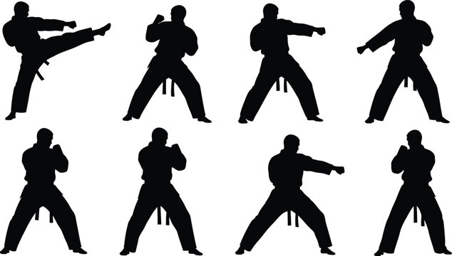 Martial arts vector silhouettes dynamic karate and kung fu poses for fitness training and combat illustrations