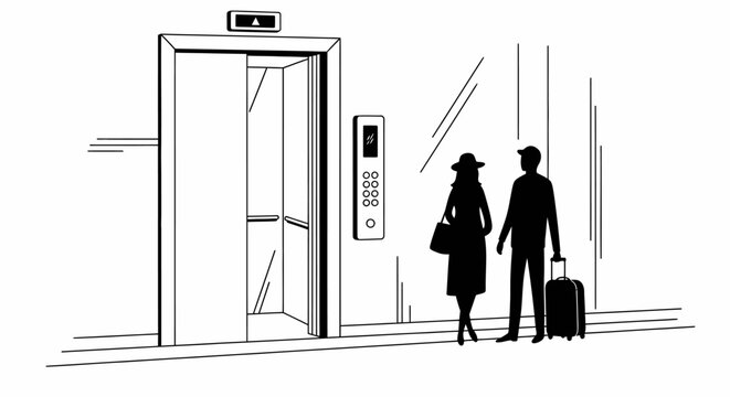 Couple with suitcase waiting for elevator in minimalist style
