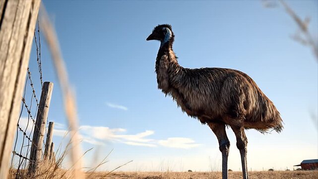 Large flightless emu bird standing in dry field near wooden fence under clear blue sky during daytime natural habitat