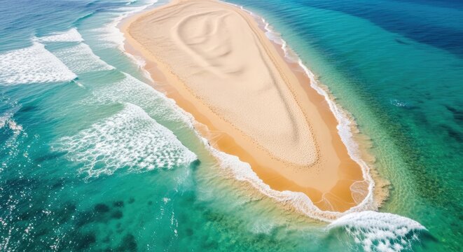 Aerial view of a secluded sandbar in turquoise tropical ocean