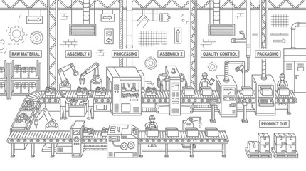 Fototapeta premium Factory assembly line line art illustration with robots and workers