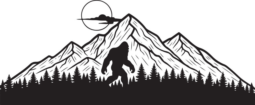 Bigfoot silhouette, mountain landscape, black and white vector, outdoors, wilderness scene